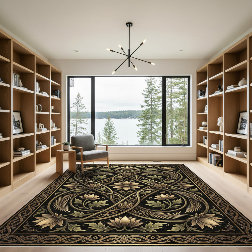 Ornate Gold Floral Entwined Scrollwork Rug