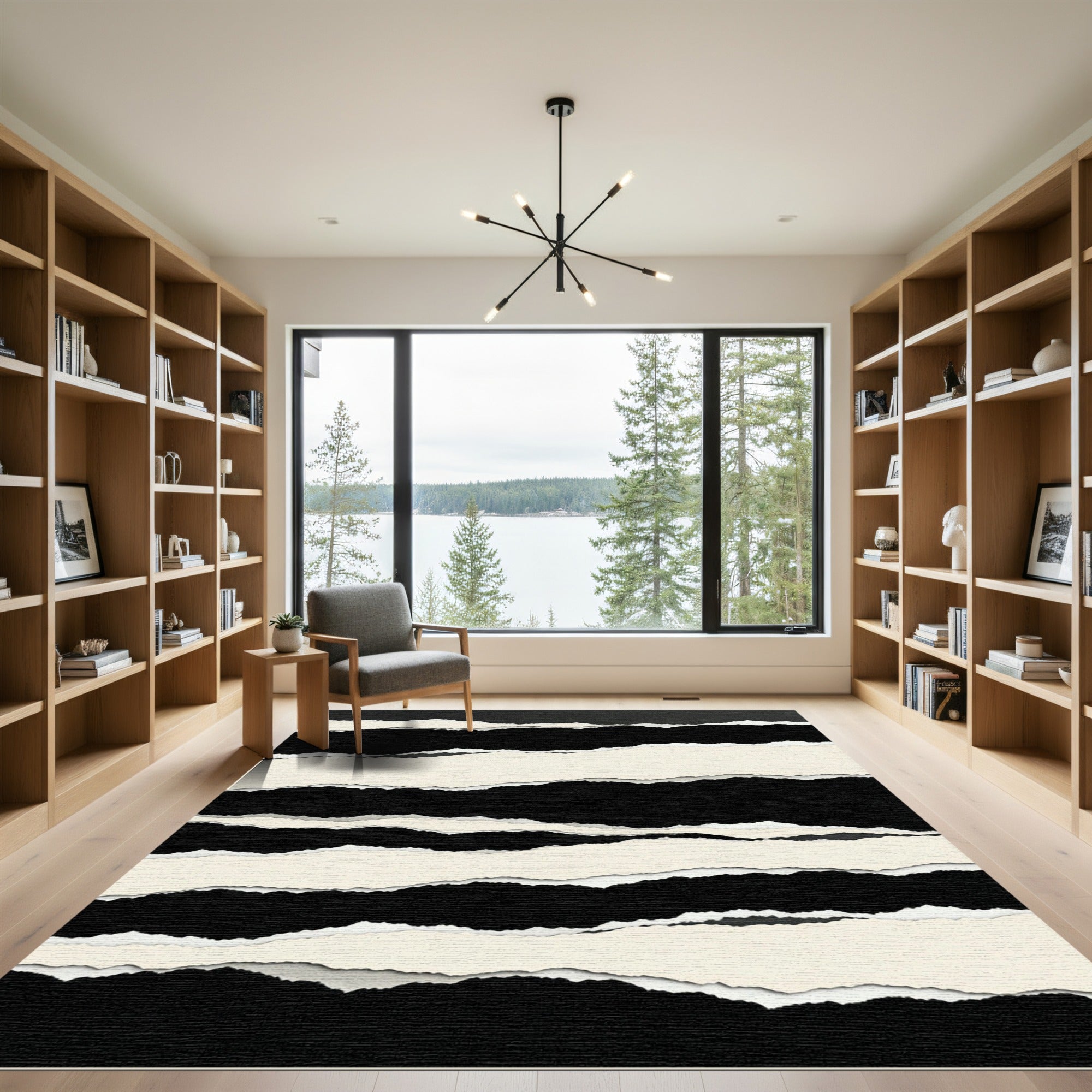 Minimalist Black and Cream Torn Stripe Rug