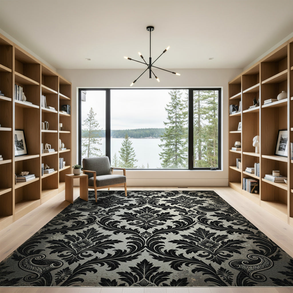 Classic Black Damask Scroll Ornament Rug