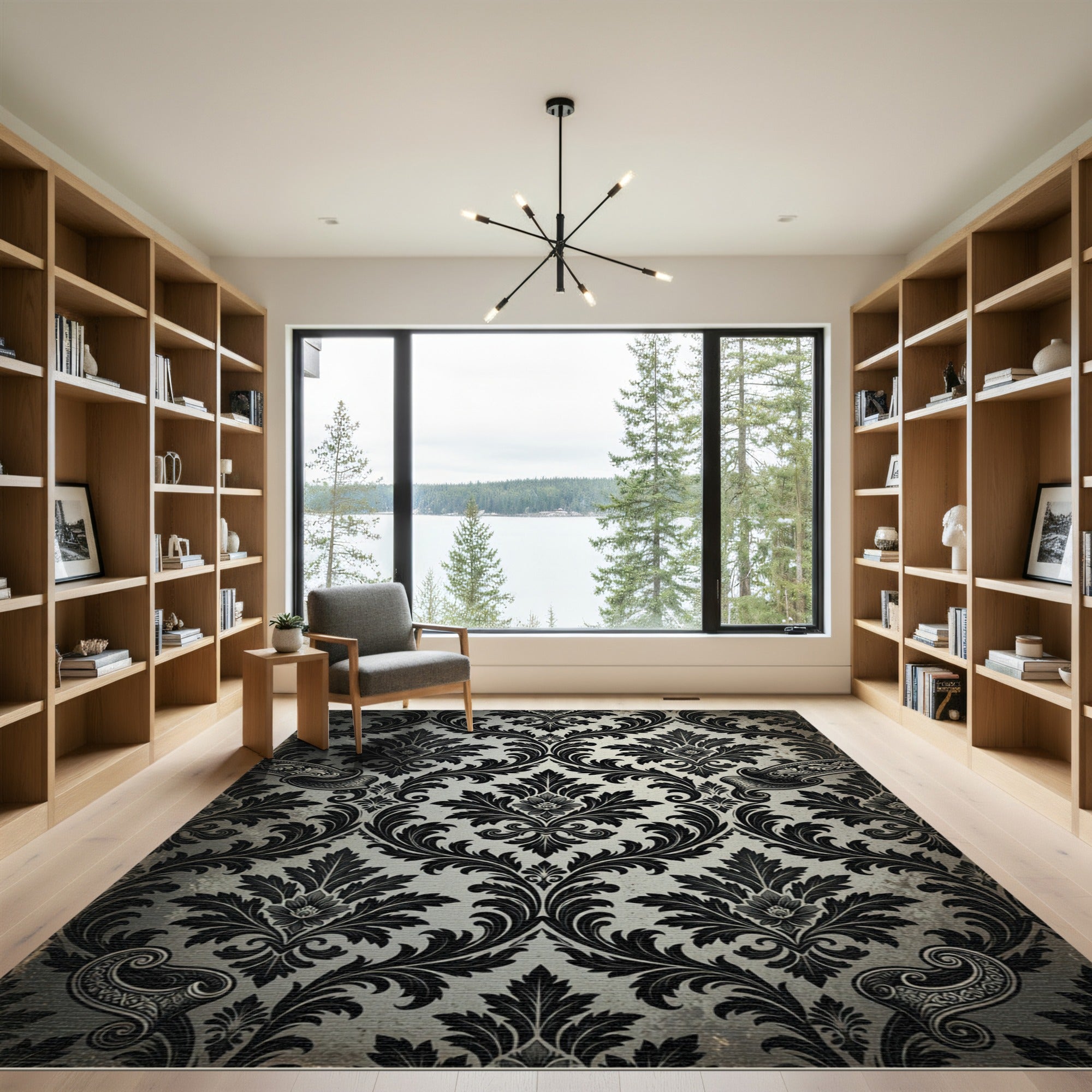 Classic Black Damask Scroll Ornament Rug