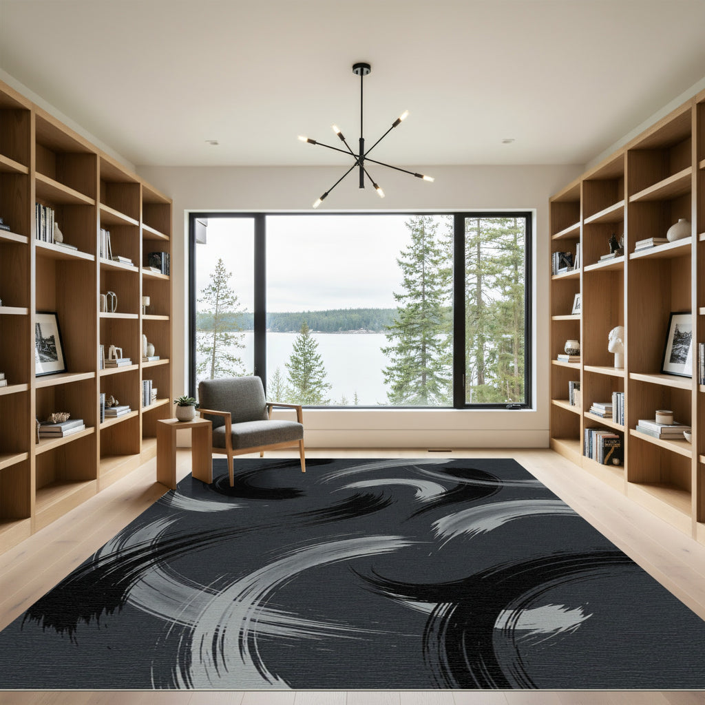 Abstract Swirlstrokes Black White Rug