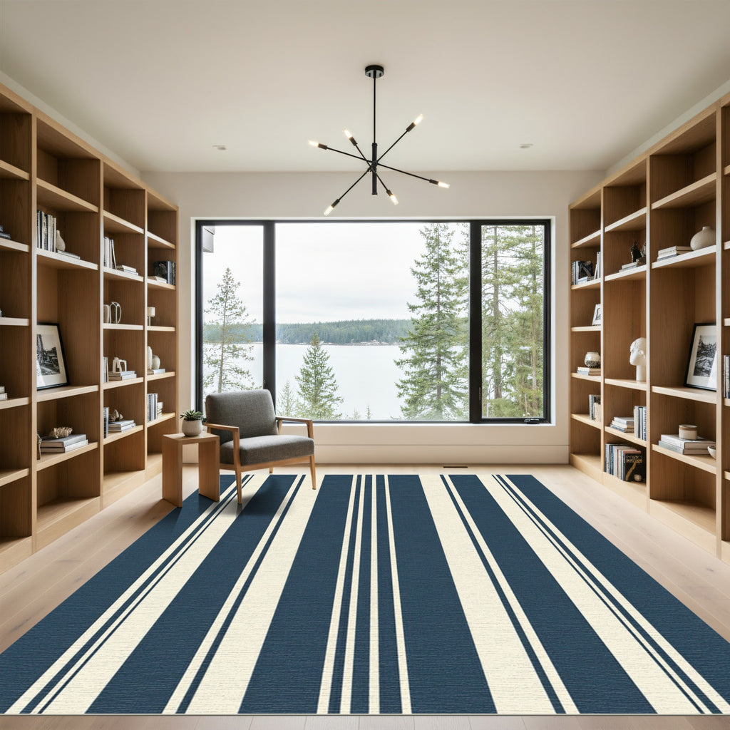 Navy Blue and Cream Vertical Stripes Rug