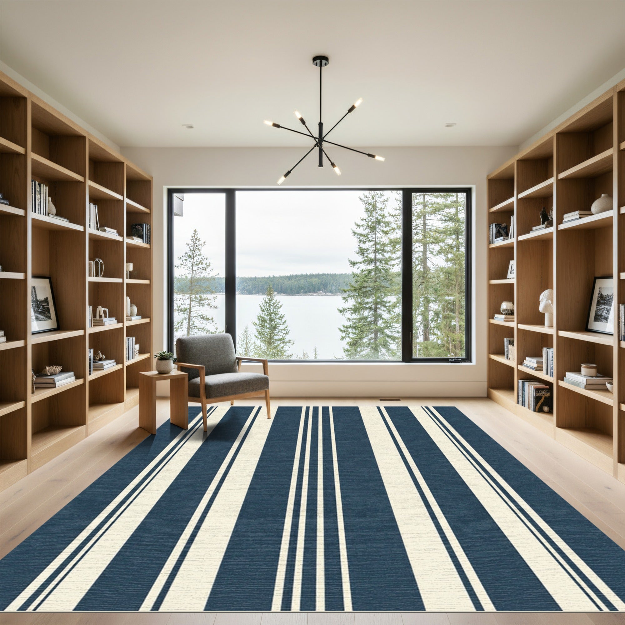 Navy Blue and Cream Vertical Stripes Rug