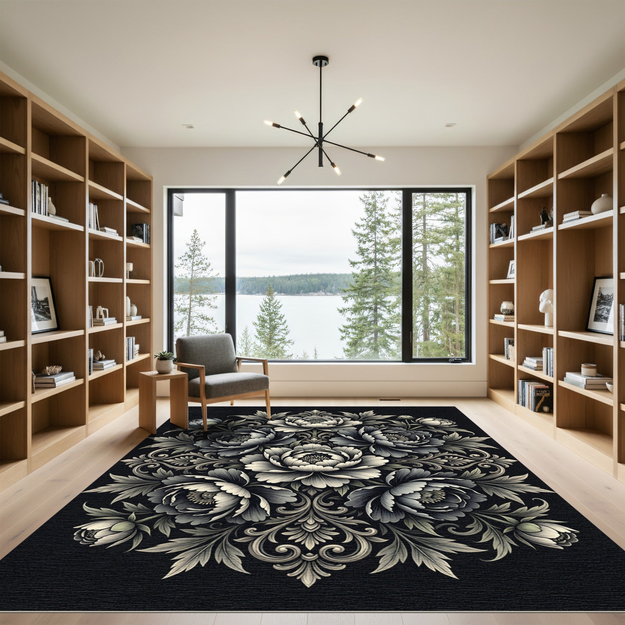 Monochromatic Floral Scroll Mandala Rug