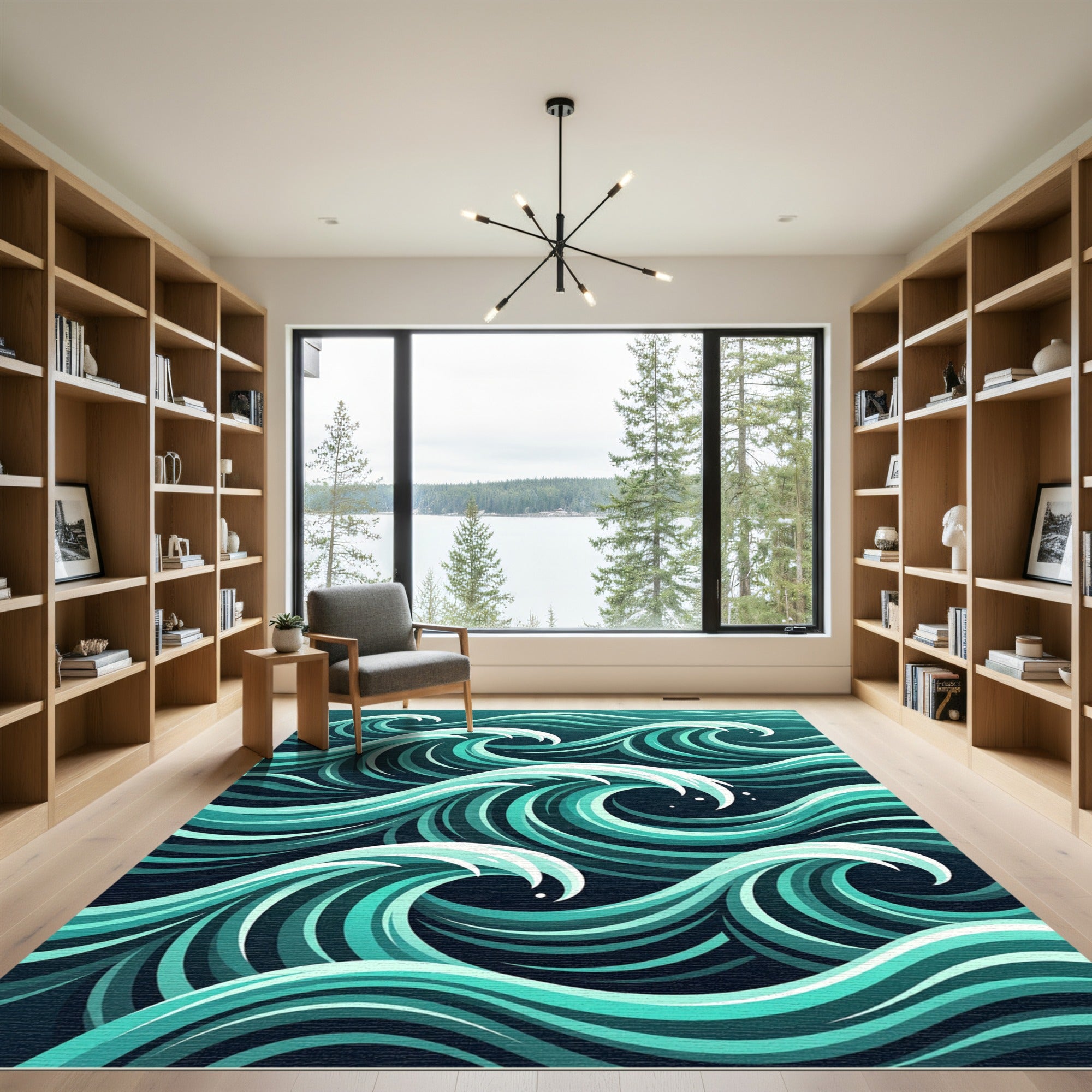 Serene Teal Flowing Ocean Wave Rug