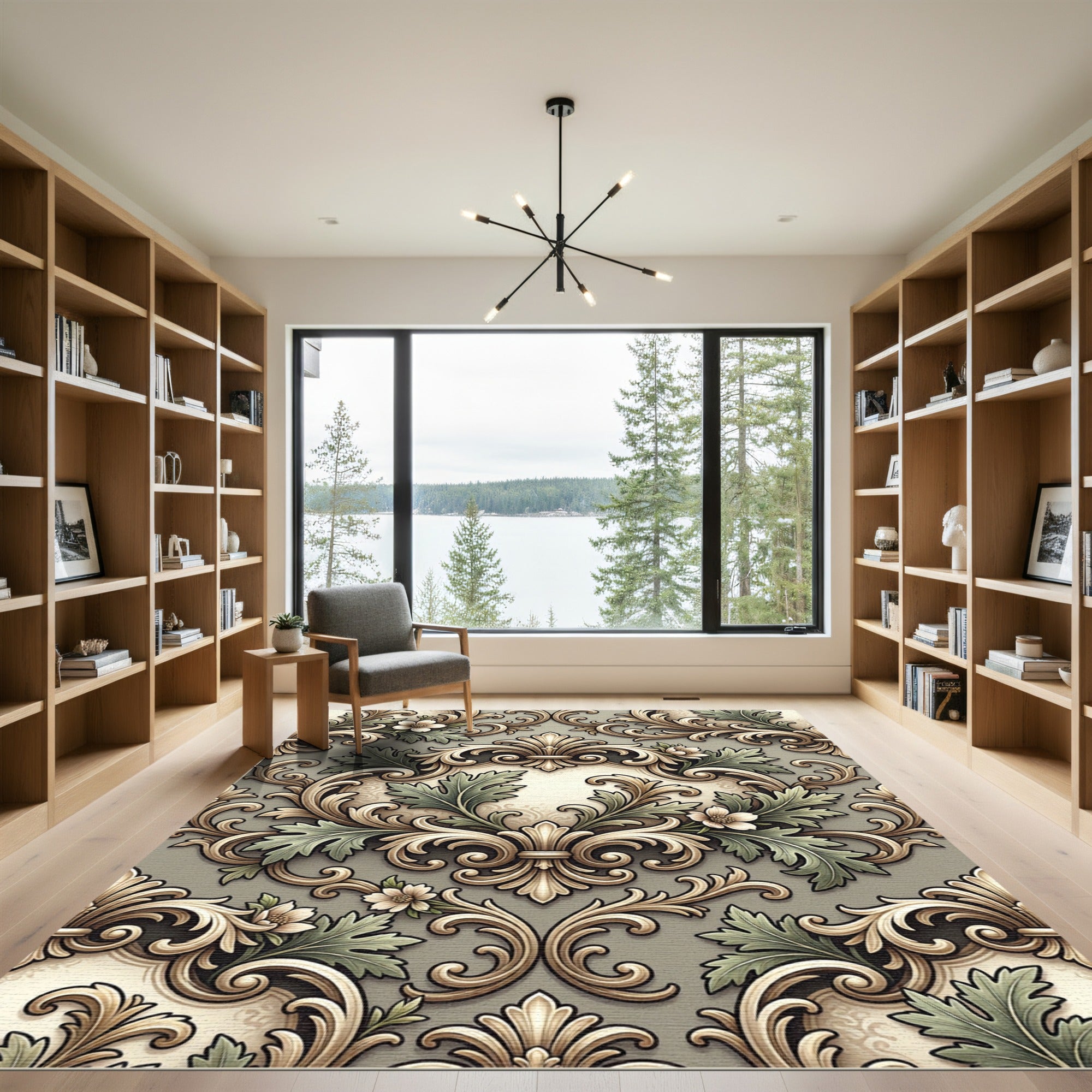 Ornate Gold Leaf Green Flourish Rug