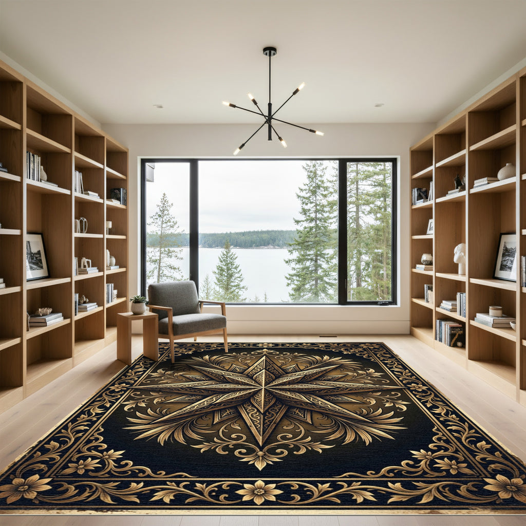 Ornate Golden Star Medallion Art Rug
