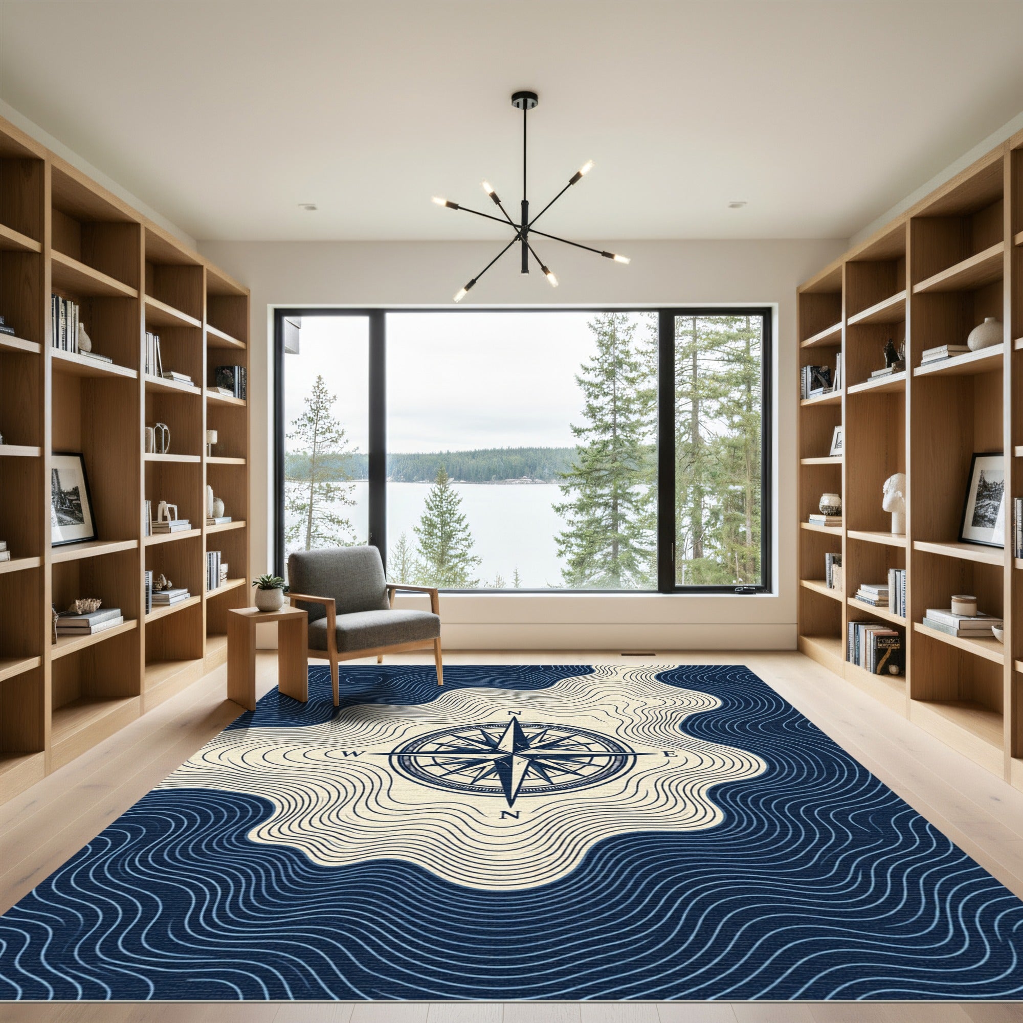 Navy Nautical Compass topographic Swirl Rug