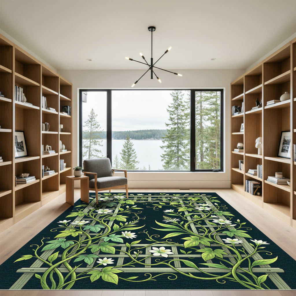 Green Vine Trellis White Floral Rug