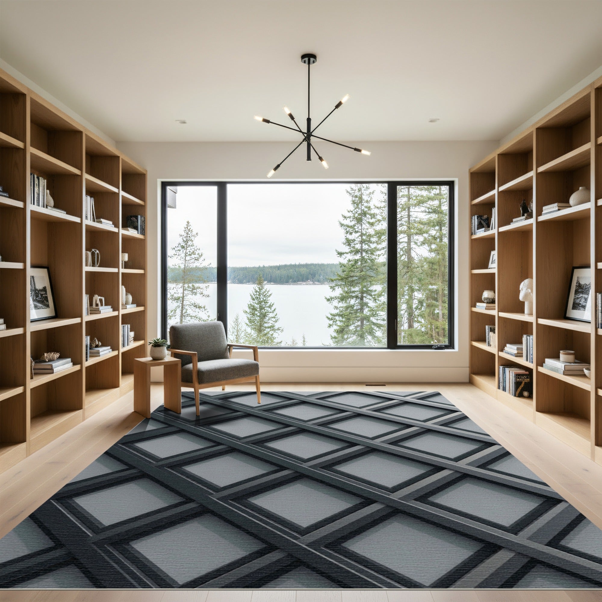 Modern Charcoal Geometric Lattice Grid Rug