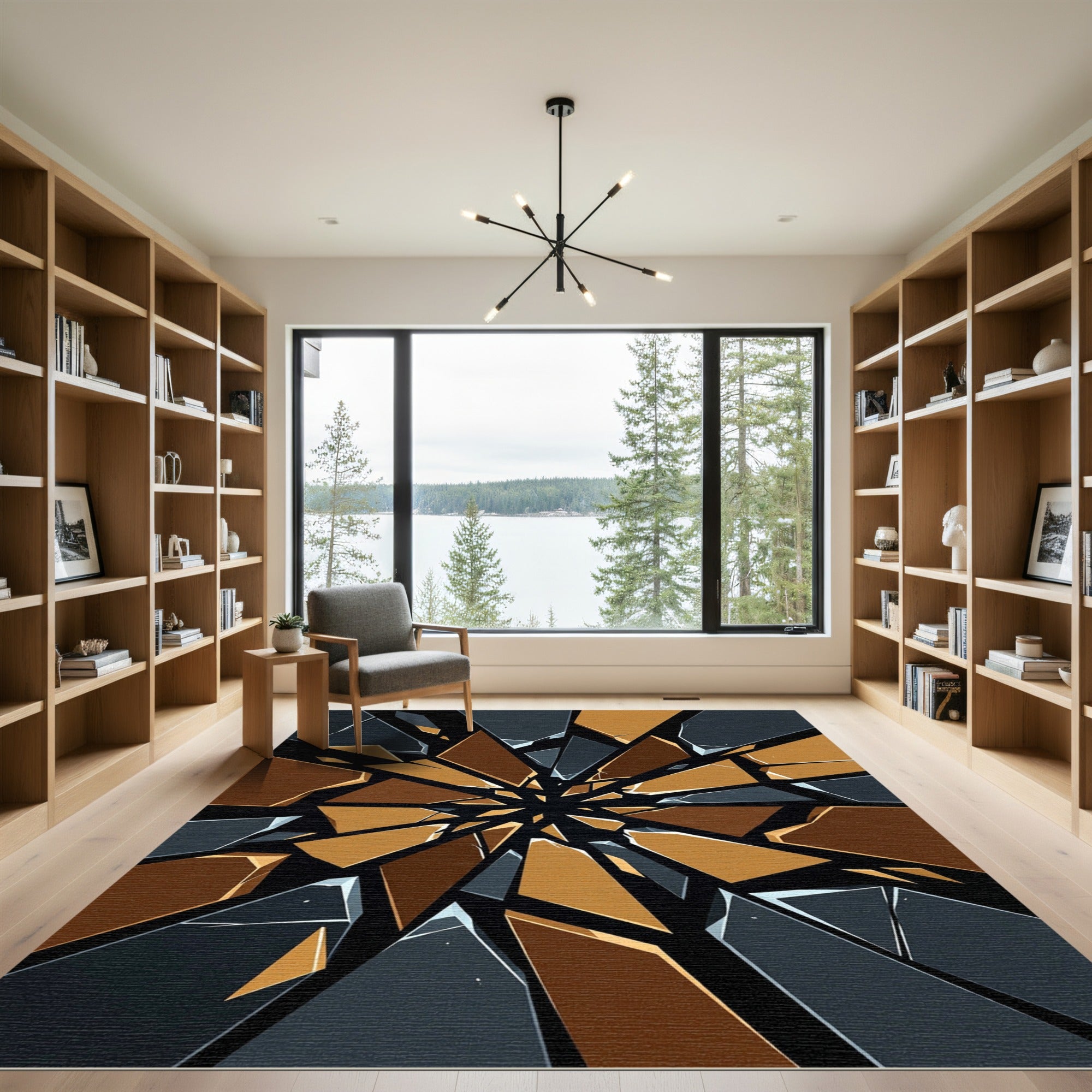 Geometric Shattered Glass Golden Obsidian Rug
