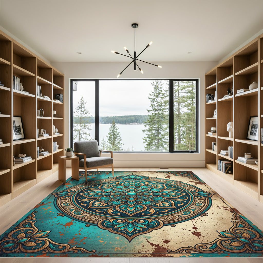 Teal and Gold Ornate Mandala Medallion Rug