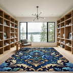 Royal Blue Damask Gold Floral Scroll Rug