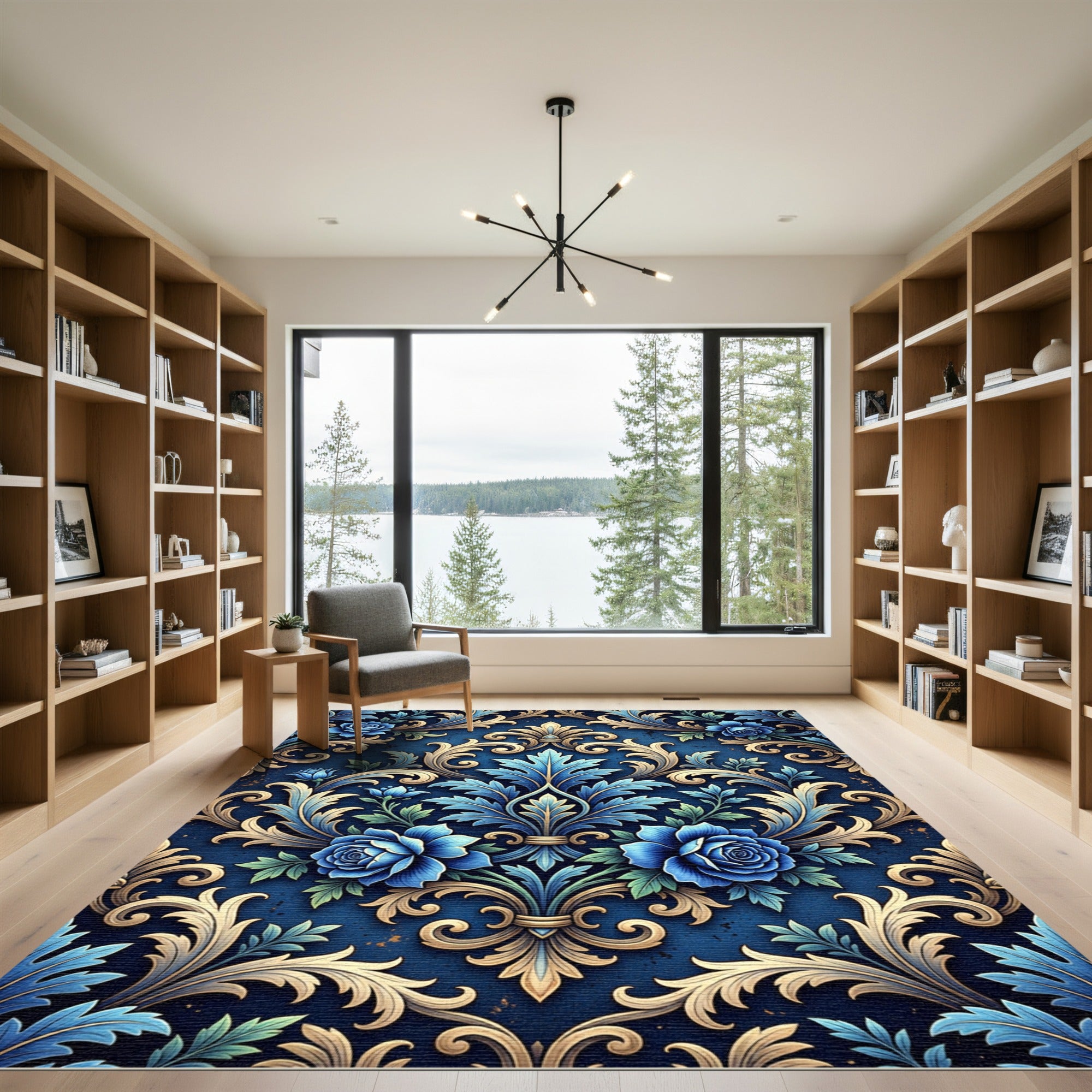 Royal Blue Damask Gold Floral Scroll Rug