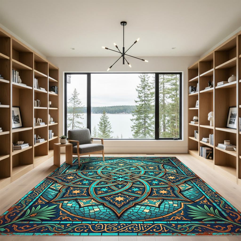 Teal Azure Geometric Star Medallion Rug
