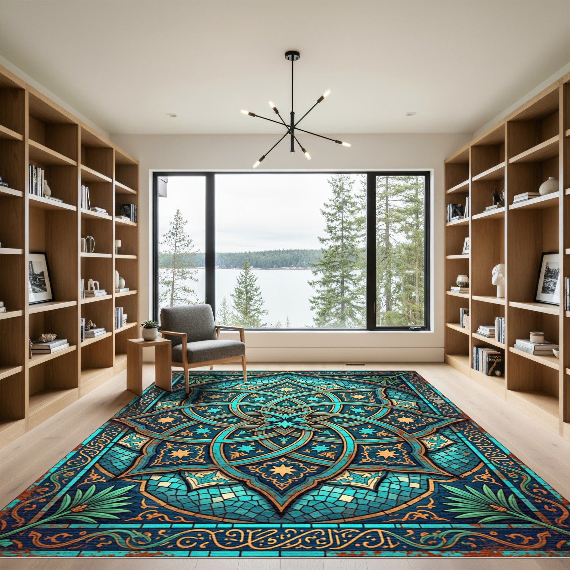 Teal Azure Geometric Star Medallion Rug