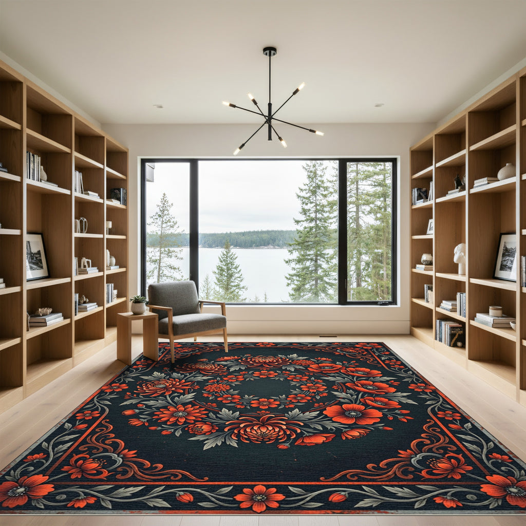 Elegant Crimson Floral Wreath Art Rug