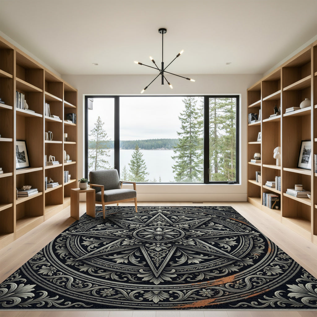 Ornate Silver Star Monochromatic Ornate Medallion Rug