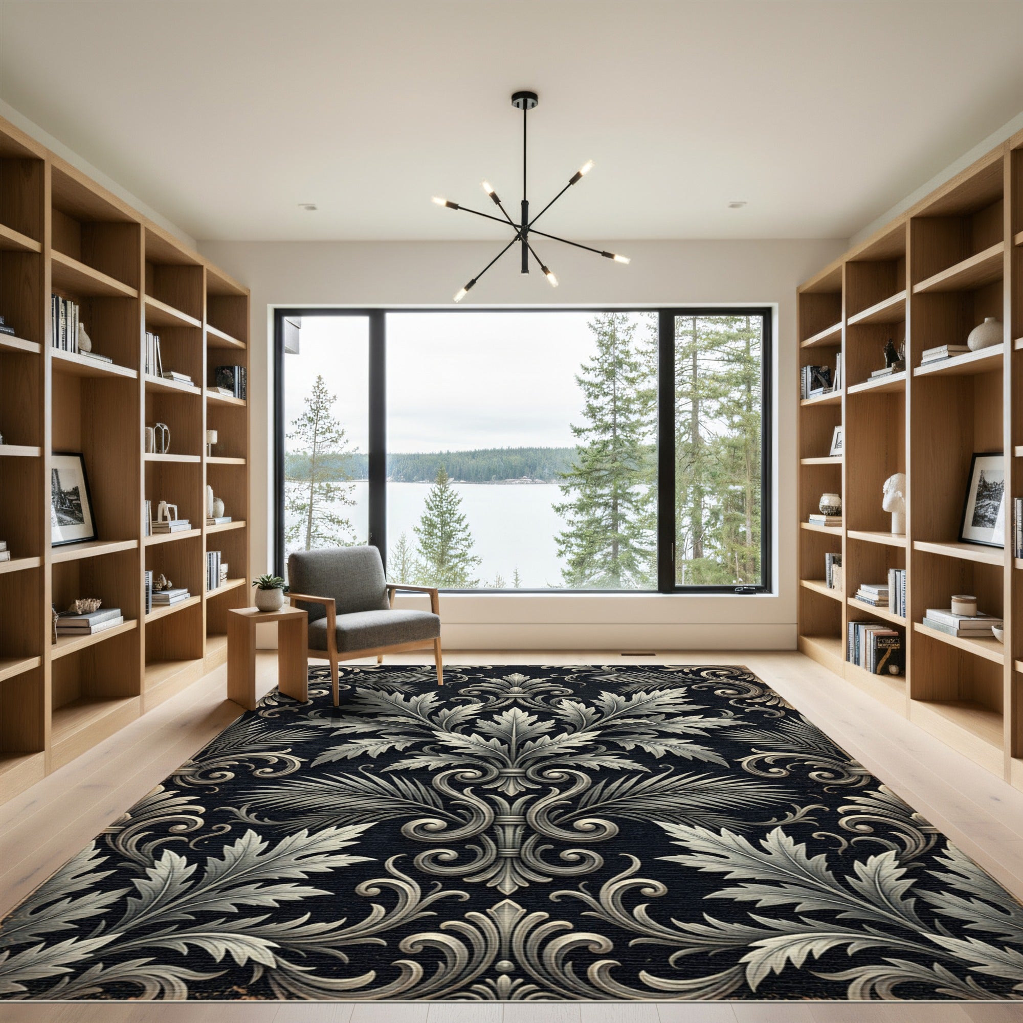 Elegant Monochrome Acanthus Leaf Damask Rug