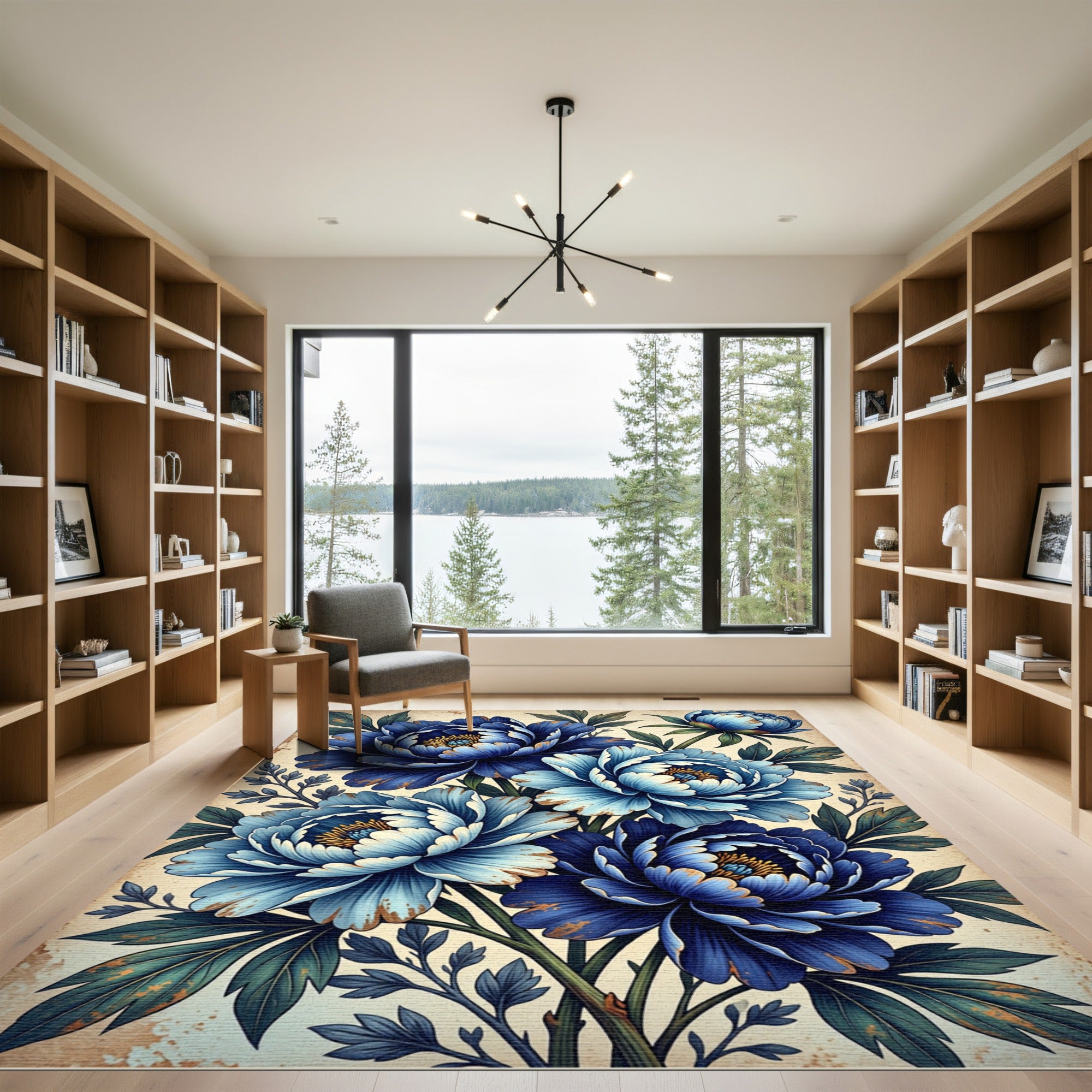 Bold Blue Peony Floral Cluster Rug