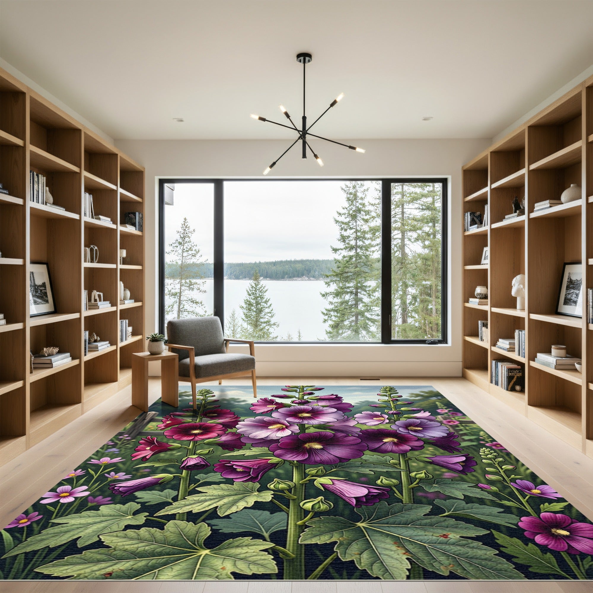 Vibrant Purple Hollyhock Floral Garden Rug