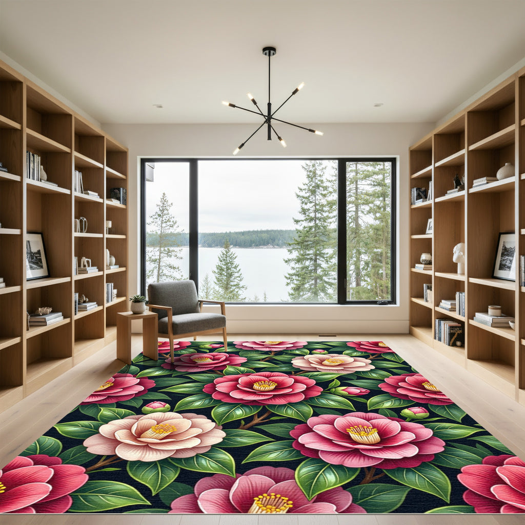 Vibrant Pink Camellia Floral Botanical Rug