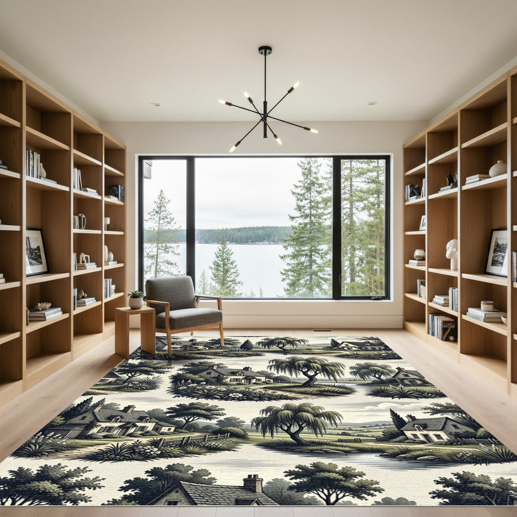 Idyllic English Countryside Village Scene Rug