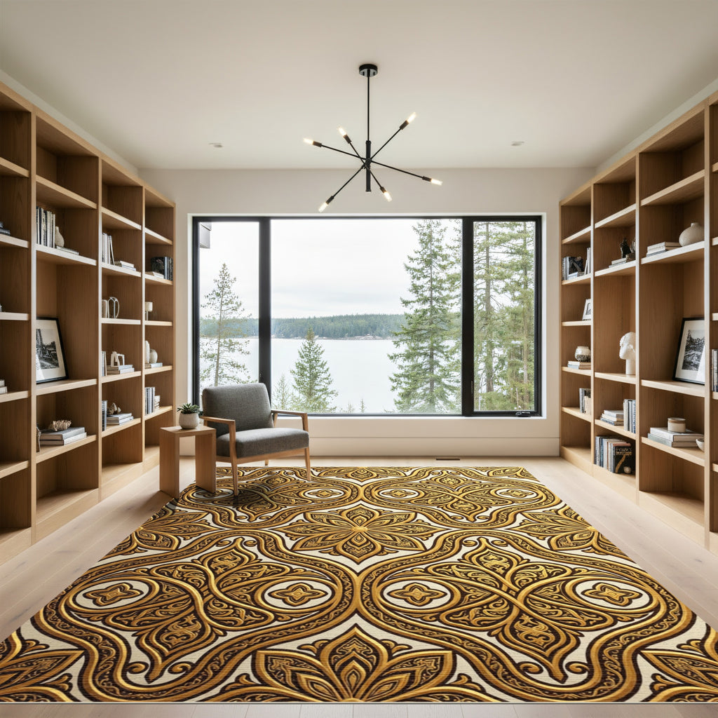 Ornate Golden Damask Floral Scroll Rug