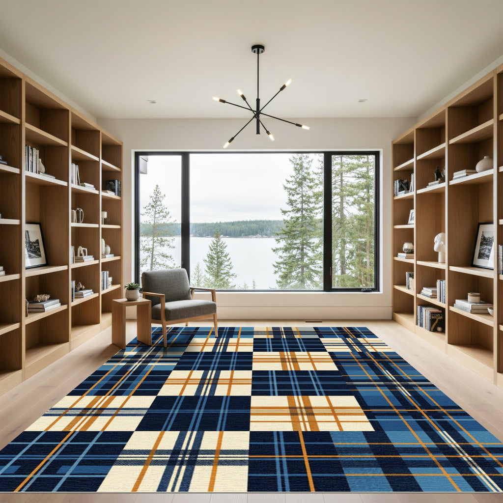 Modern Navy Ivory Checkered Plaid Rug