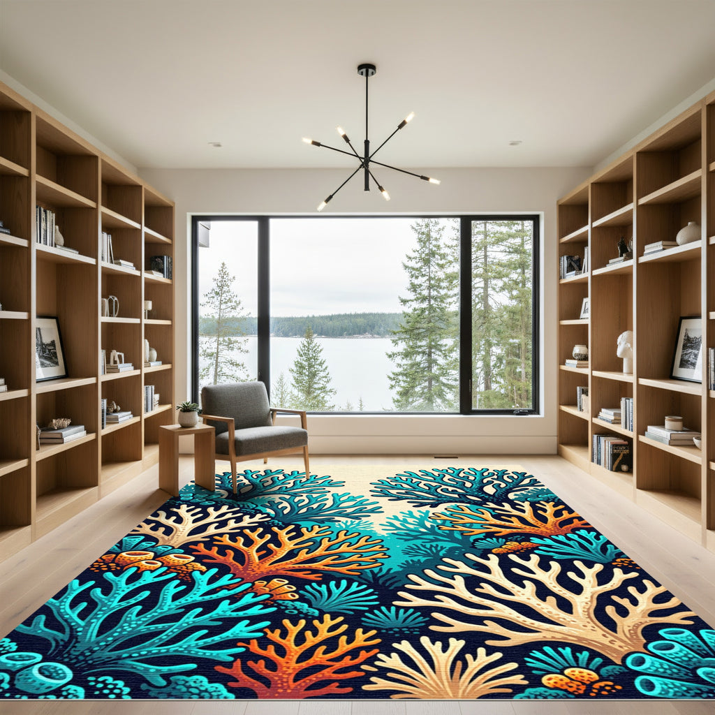 Vibrant Blue and Coral Reef Landscape Rug