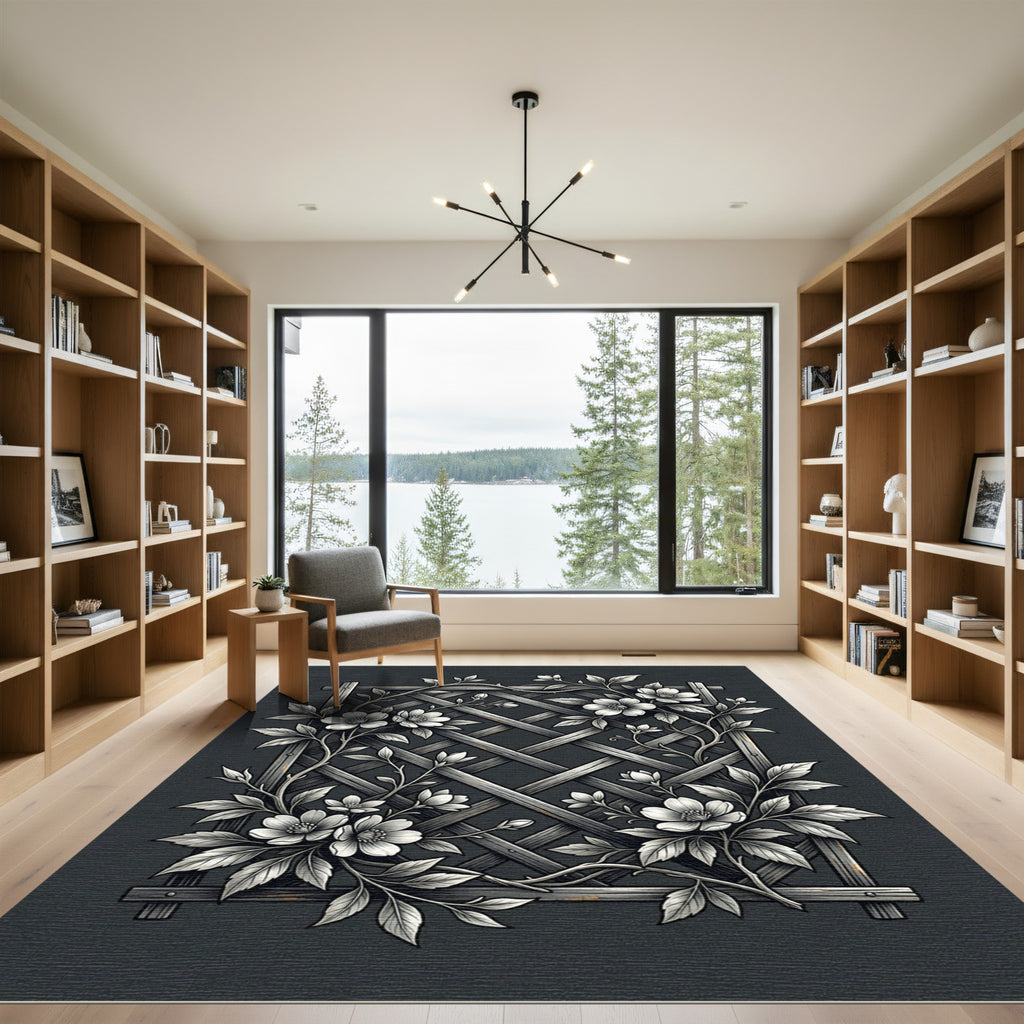 Monochromatic Floral Trellis Lattice Botanical Rug