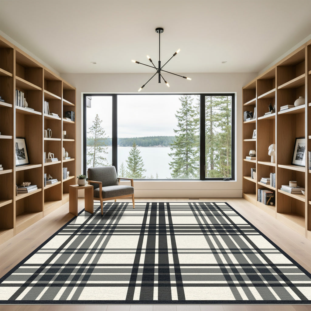 Classic Black Gray White Plaid Checkered Rug