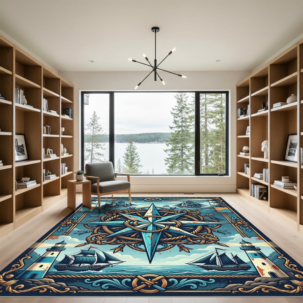 Nautical Blue Compass and Lighthouse Art Rug