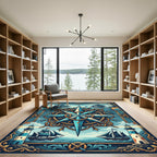 Nautical Blue Compass and Lighthouse Art Rug