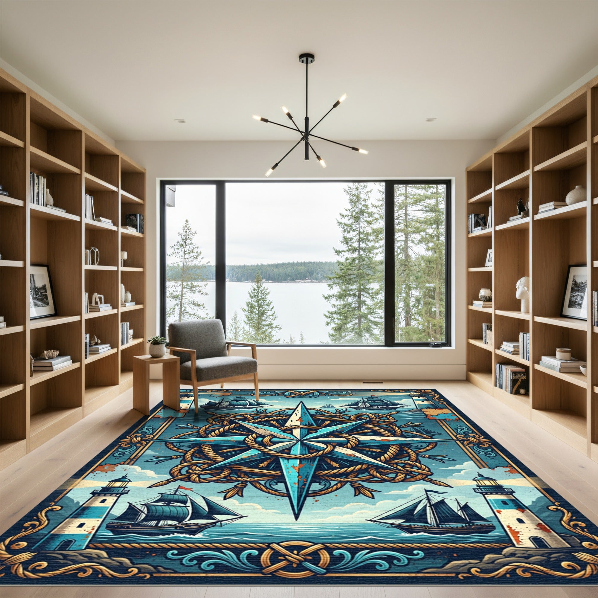 Nautical Blue Compass and Lighthouse Art Rug