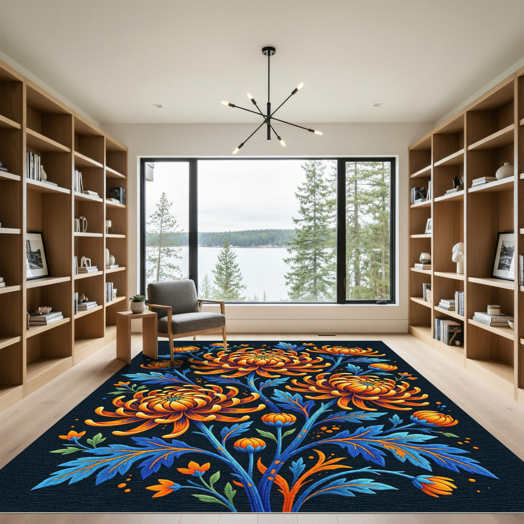 Vibrant Golden Chrysanthemum Floral Navy Rug