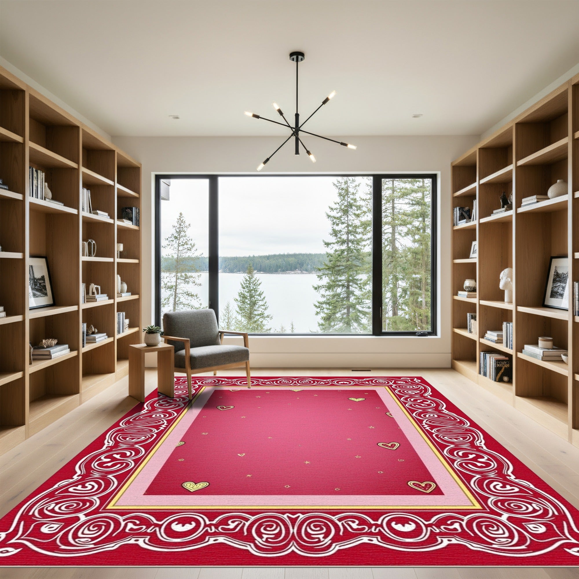 Red Cream Hearts With Gold Stars Rug