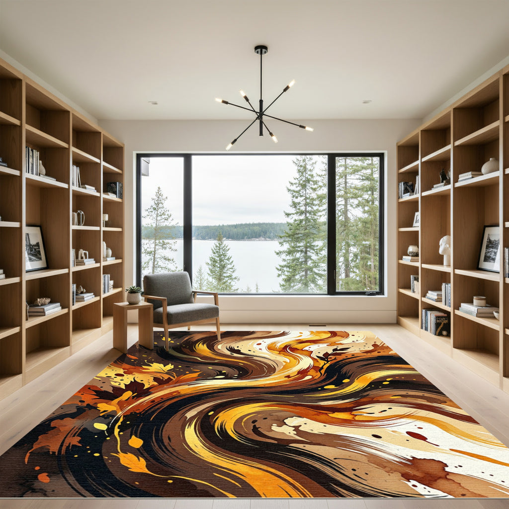 Abstract Amber Brown Swirl Fall Foliage Rug