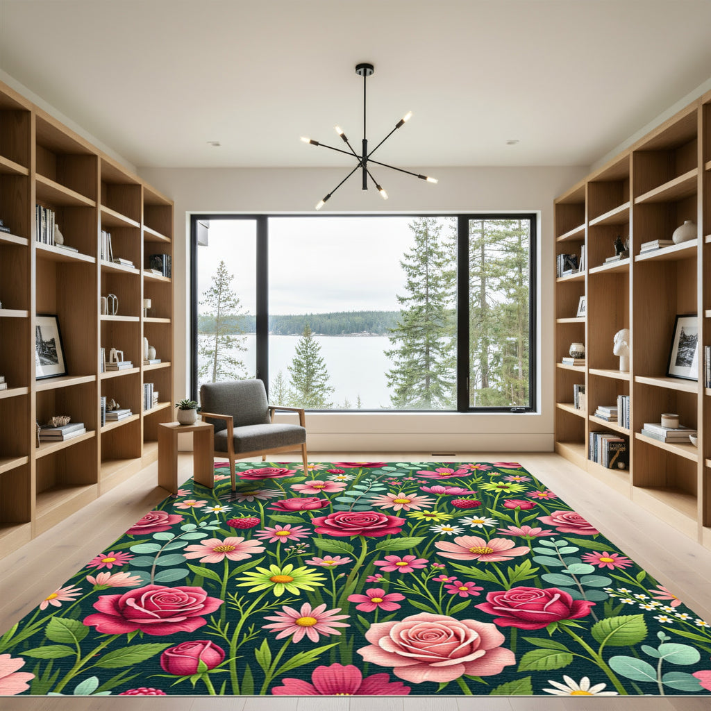 Lush Pink Rose and Berry Meadow Rug