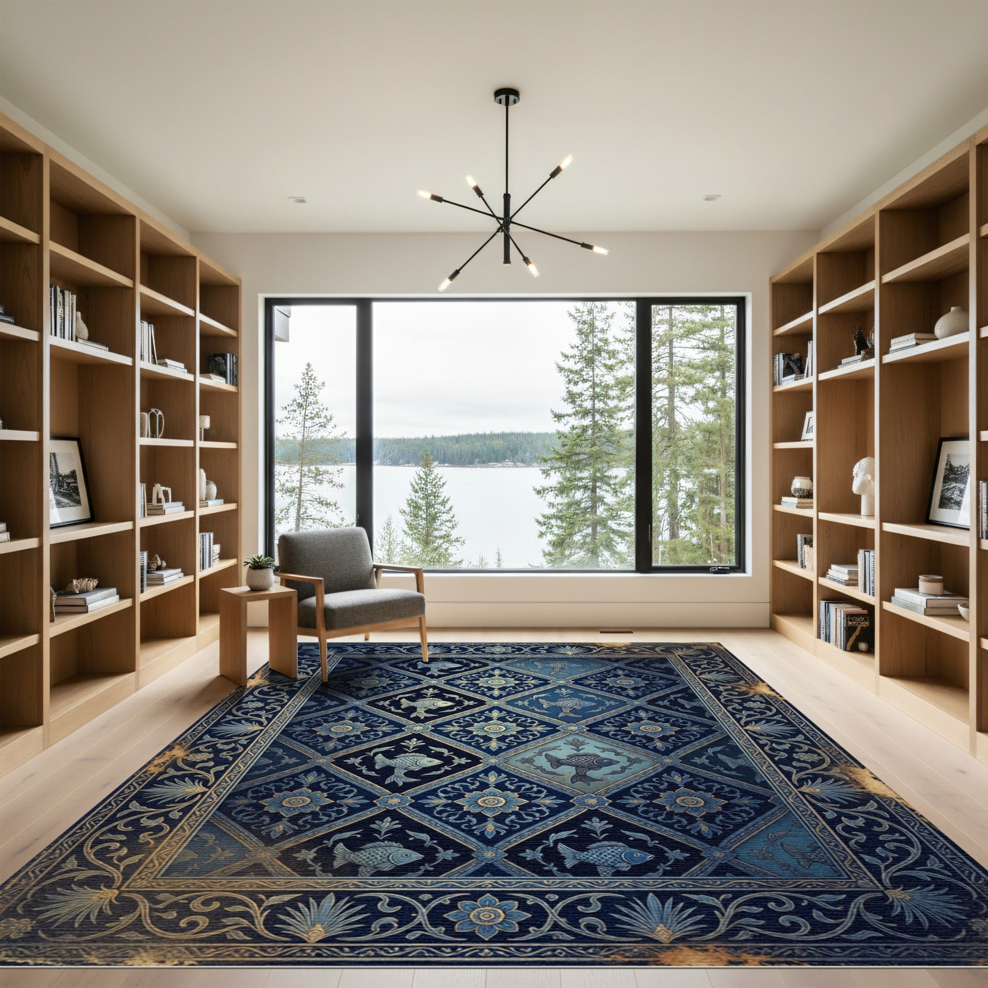 Navy Aquatic Koi Floral Tile Rug