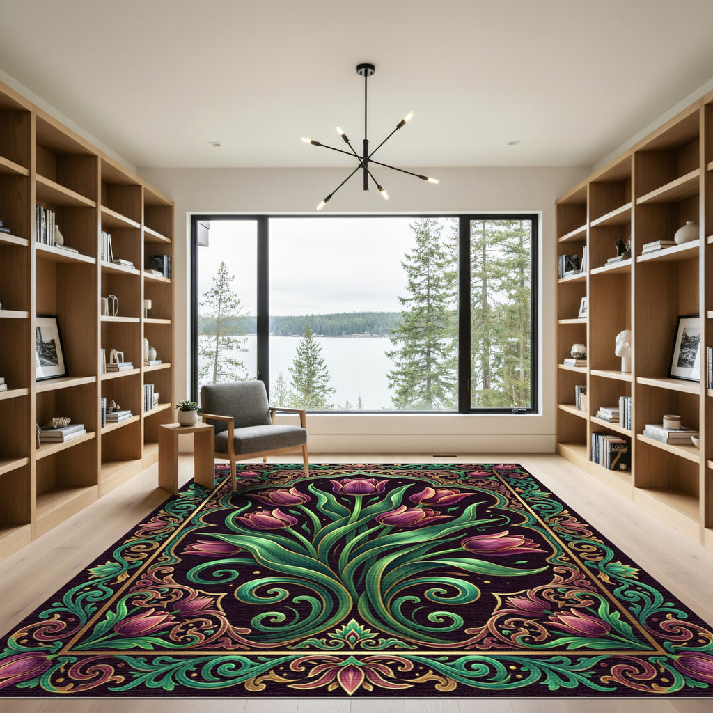 Elegant Royal Purple Tulip Floral Bouquet Rug