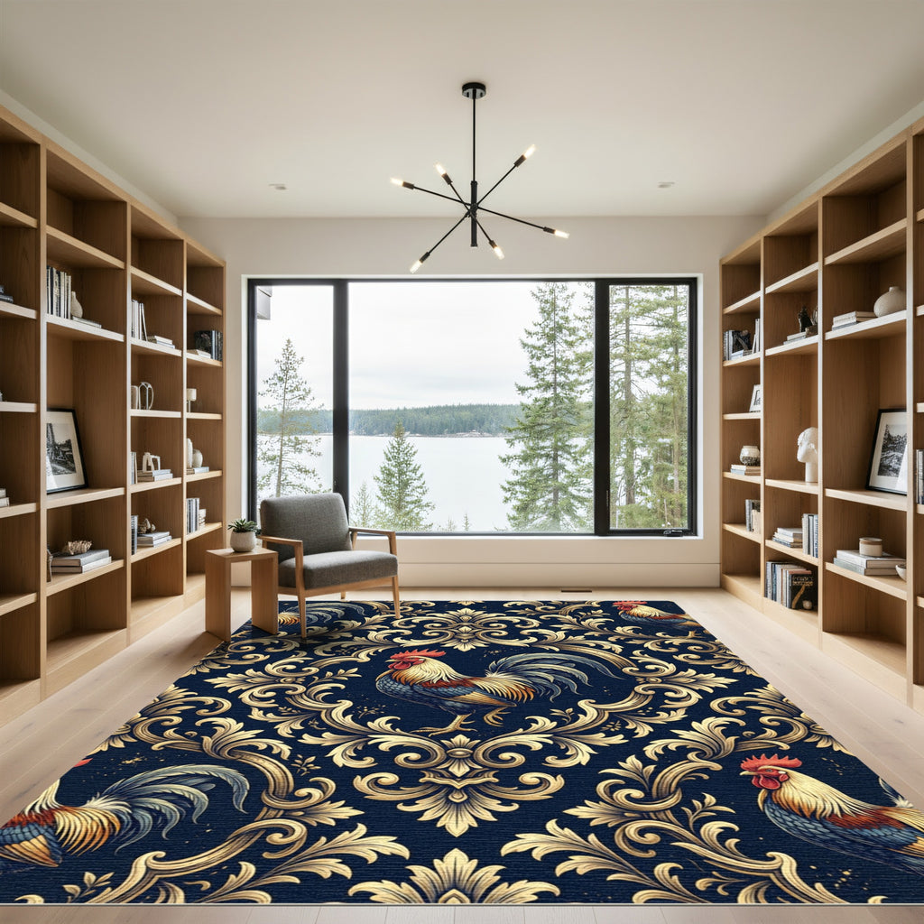 Ornate Golden Rooster Baroque Scroll Rug