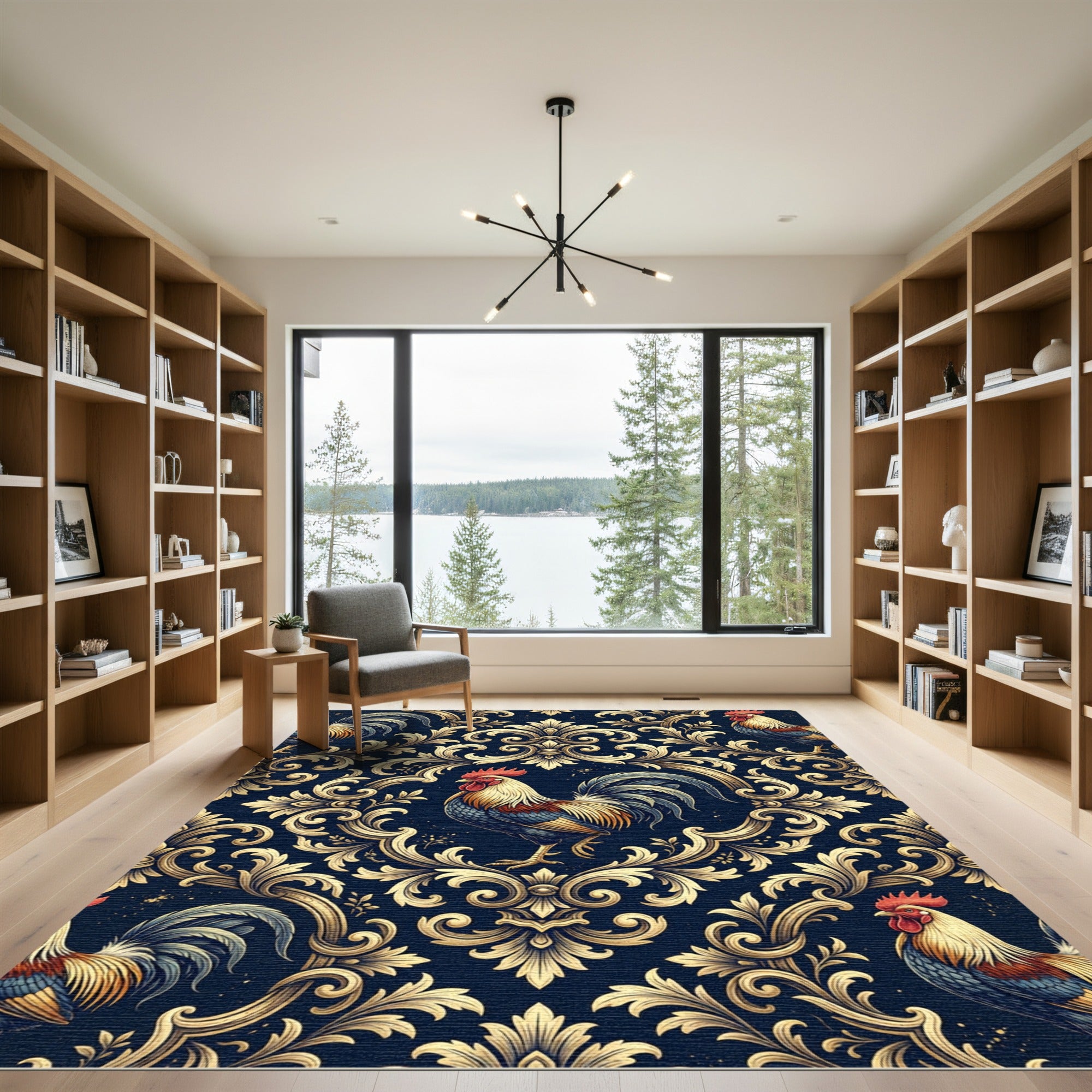 Ornate Golden Rooster Baroque Scroll Rug