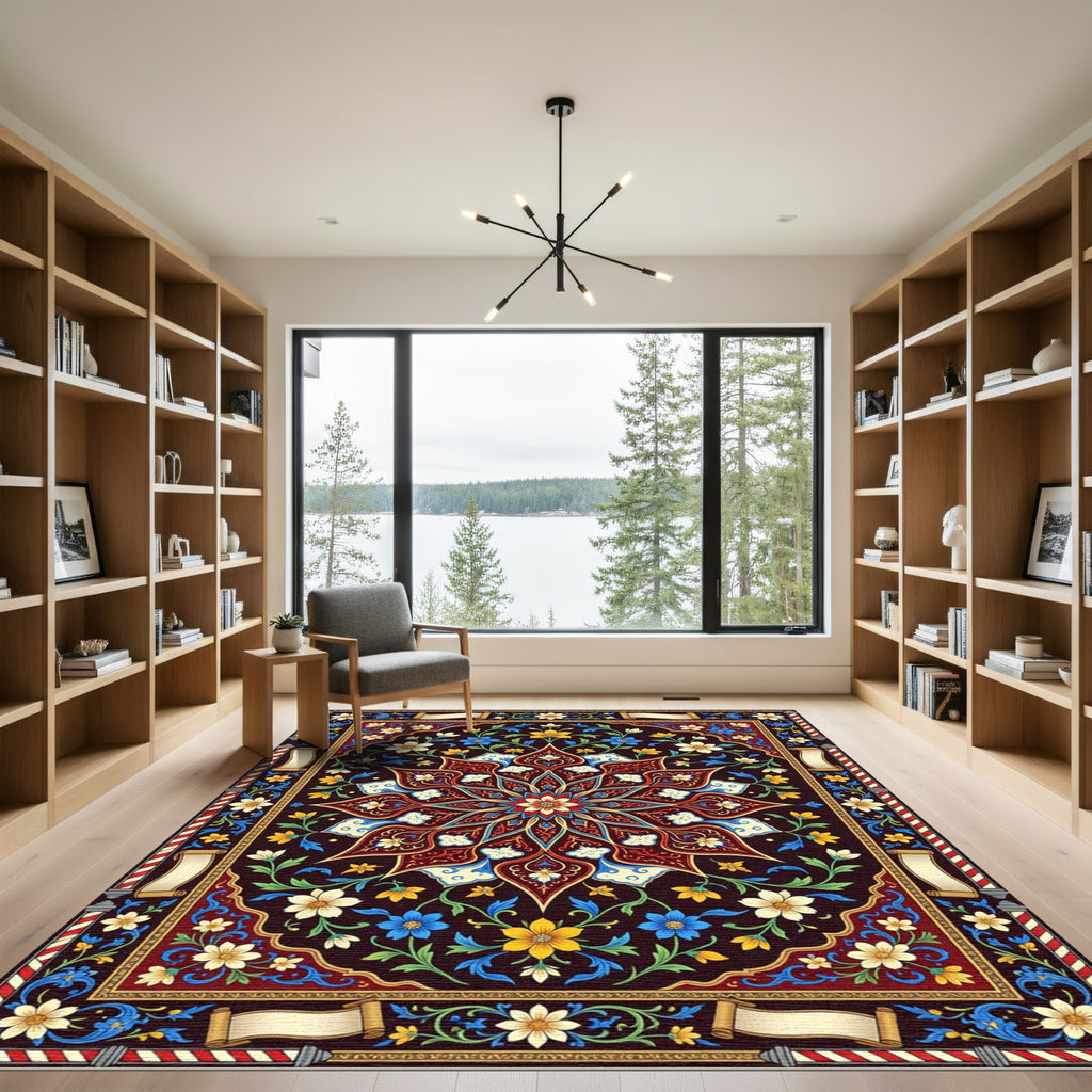 Deep Crimson Floral Inlay Medallion Rug