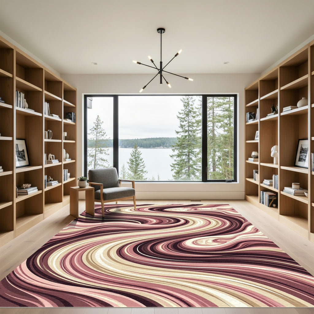 Earthy Abstract Cream and Burgundy Swirl Rug