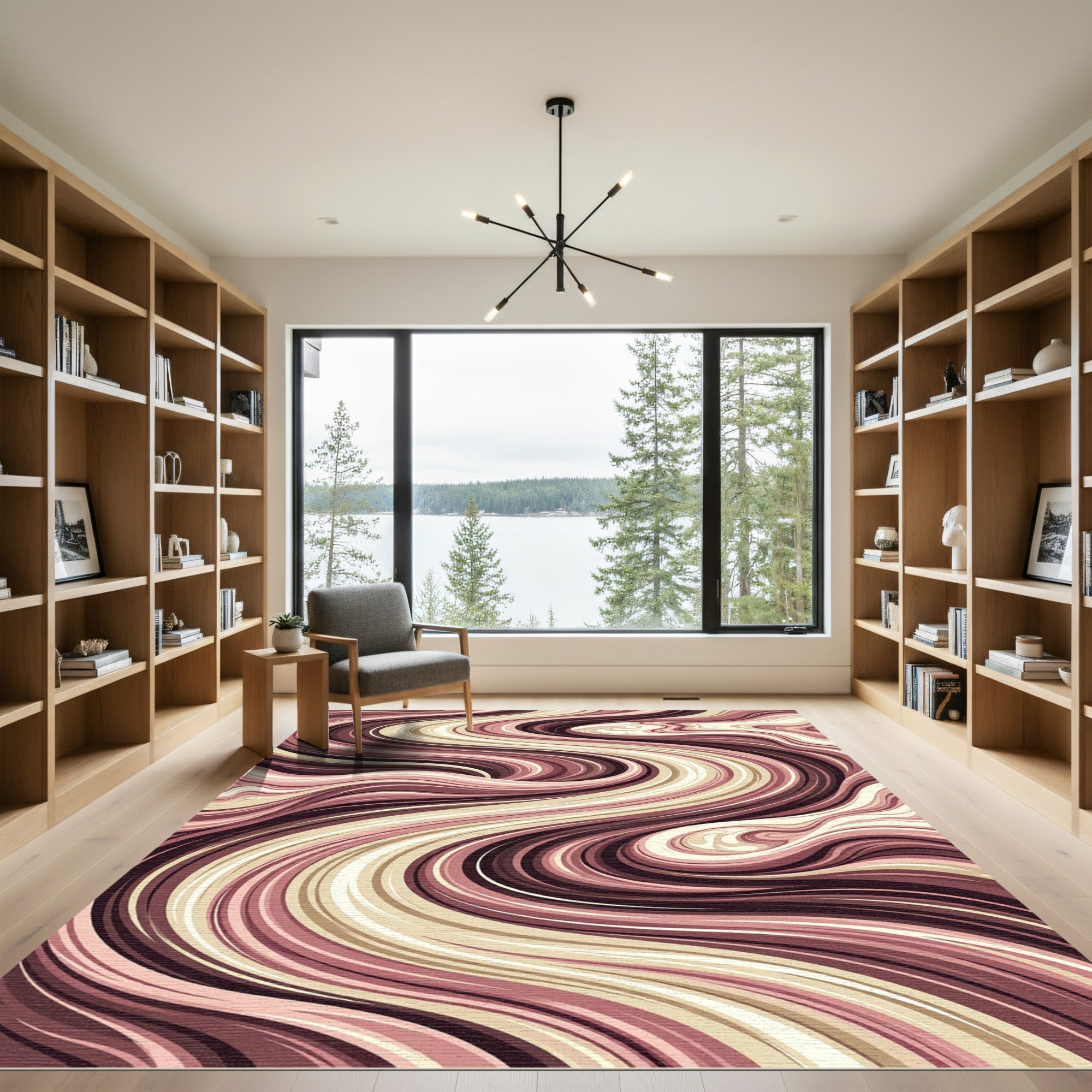 Earthy Abstract Cream and Burgundy Swirl Rug