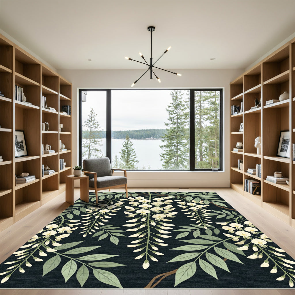 Elegant White Wisteria Botanical Black Rug