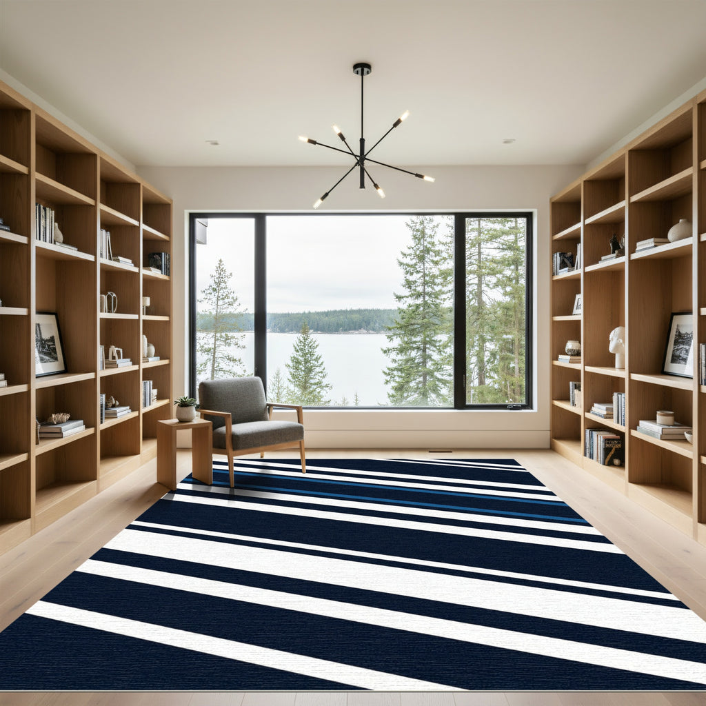 Minimalist Navy Blue Geometric Diagonal Stripes Rug