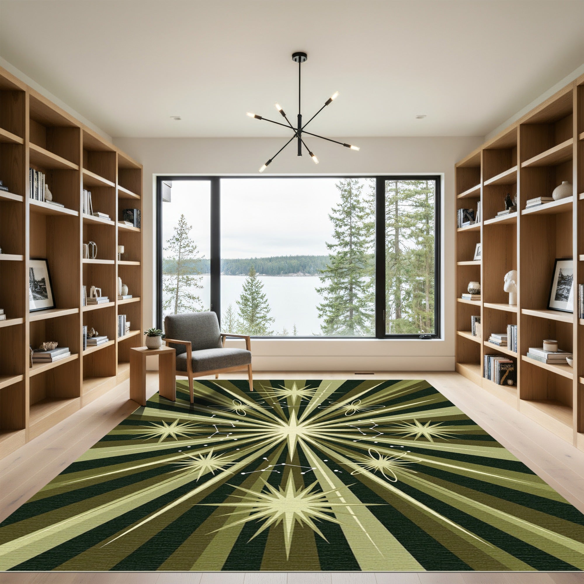 Celestial Olive Green Sunburst Starry Galaxy Rug