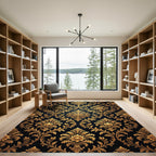 Ornate Golden Floral Damask Noir Rug